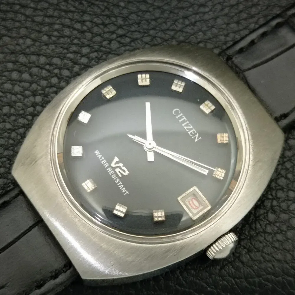 Vintage 1972 Citizen Manual Wound Mens Silver Watch W/Date & Crystal accents
